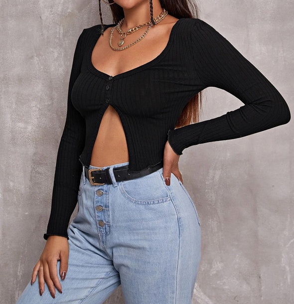 Short Sleeve Cropped Cardigan Top Sexy Button Knitted T-Shirt