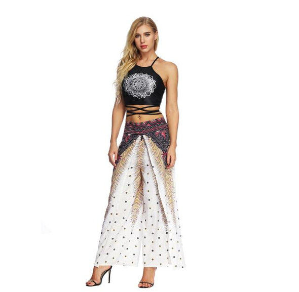 Women's Wide Leg Boho Yoga Harem Pants Comfy Gypsy Hippie Indian Thailand Bohemian Palazzo Pants Smocked Waist Aladdin Trousers