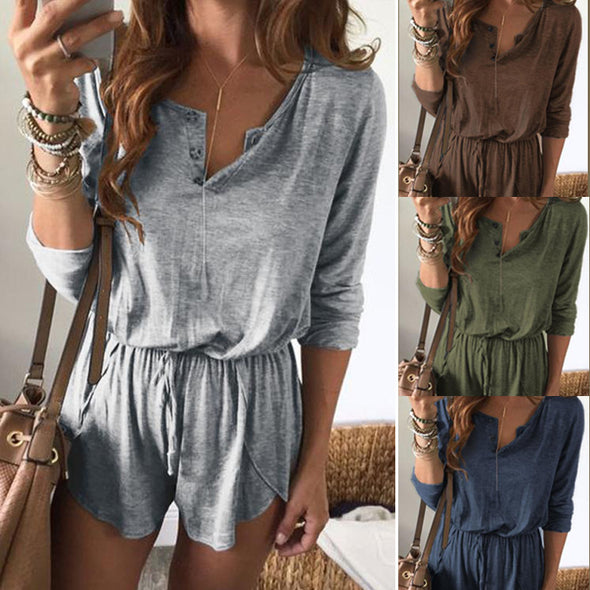 Women Solid Color Lace-Up Long-Sleeved Shorts Jumpsuit