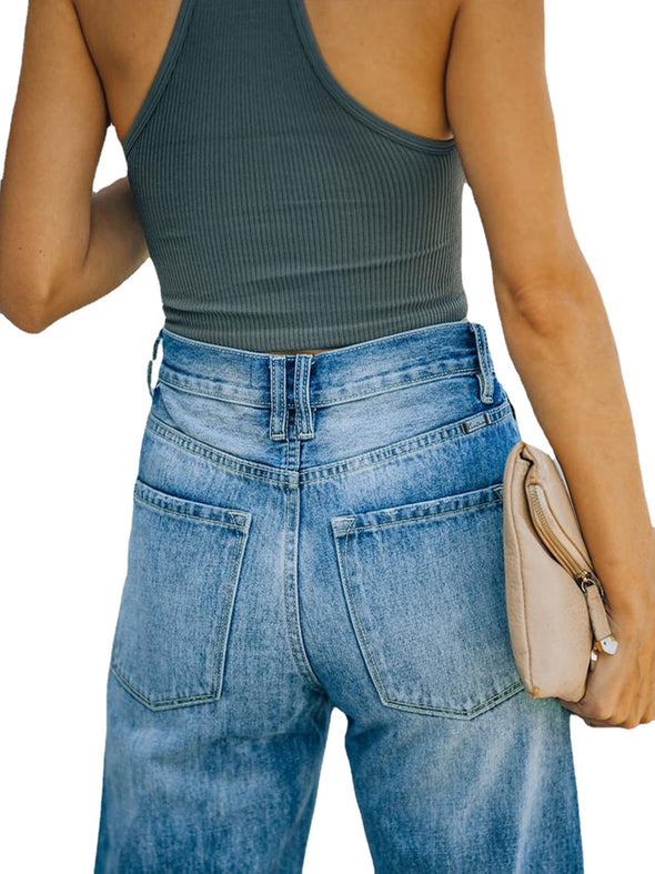 Thin Denim Wide-Leg Pants With Holes