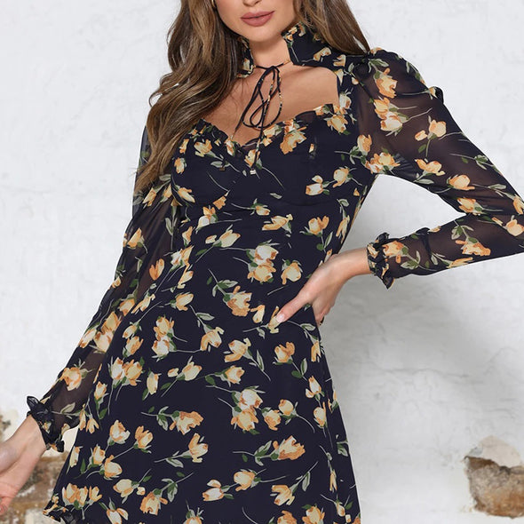 Autumn And Winter Women Floral Wood Ear High-Neck Tie Low-Cut Lace-Up Long-Sleeved Dress