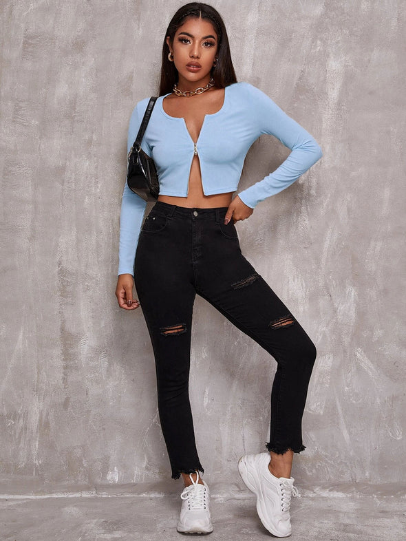 Top Women Retro Tight-Fitting Sexy Zipper Sweater Short Cardigan Long-Sleeved T-Shirt