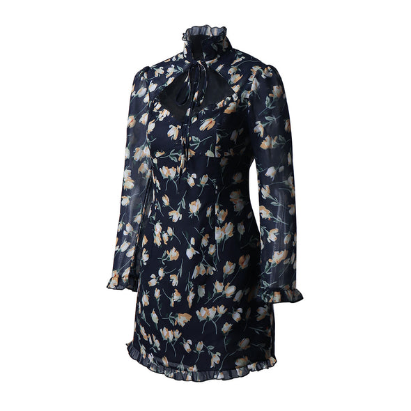 Autumn And Winter Women Floral Wood Ear High-Neck Tie Low-Cut Lace-Up Long-Sleeved Dress