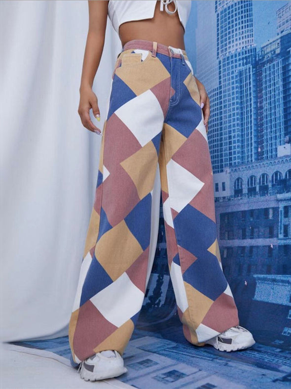 Printed Denim Trousers Women Plaid Pants Loose And Thin Wide-Leg Pants