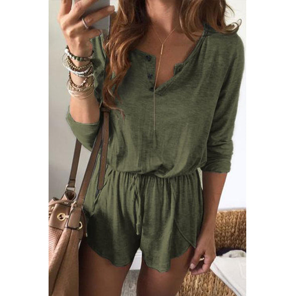 Women Solid Color Lace-Up Long-Sleeved Shorts Jumpsuit