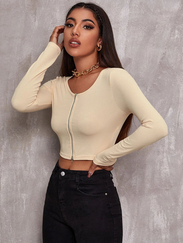Top Women Retro Tight-Fitting Sexy Zipper Sweater Short Cardigan Long-Sleeved T-Shirt