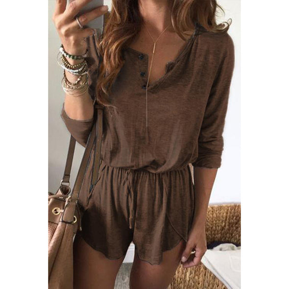 Women Solid Color Lace-Up Long-Sleeved Shorts Jumpsuit