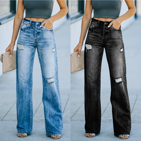 Thin Denim Wide-Leg Pants With Holes