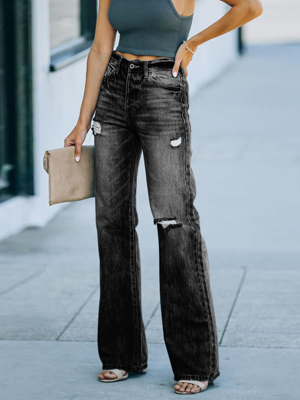 Thin Denim Wide-Leg Pants With Holes