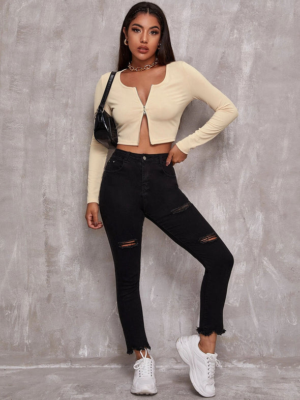 Top Women Retro Tight-Fitting Sexy Zipper Sweater Short Cardigan Long-Sleeved T-Shirt