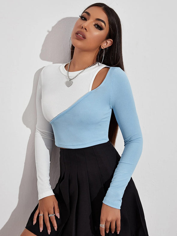 New Sexy Hit Color Strapless T-Shirt Stitching Slim Top Women Bottoming Long-Sleeved T-Shirt