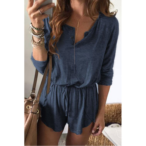 Women Solid Color Lace-Up Long-Sleeved Shorts Jumpsuit