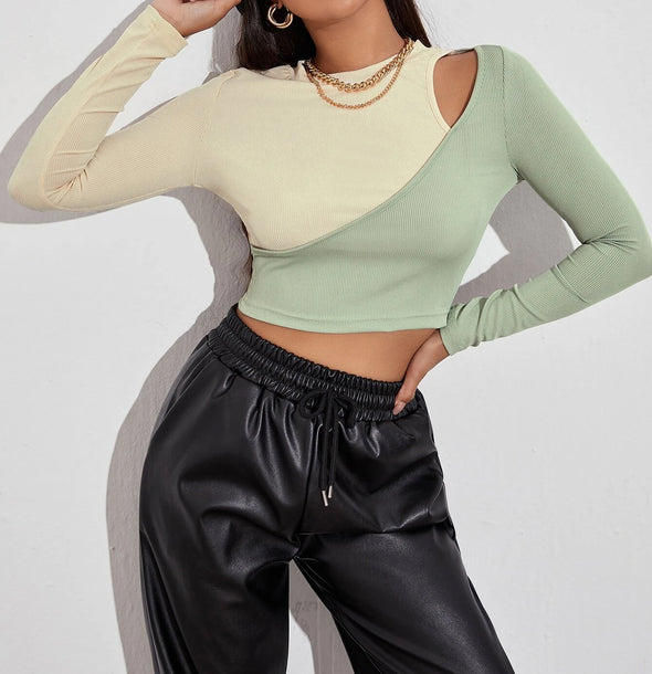 New Sexy Hit Color Strapless T-Shirt Stitching Slim Top Women Bottoming Long-Sleeved T-Shirt