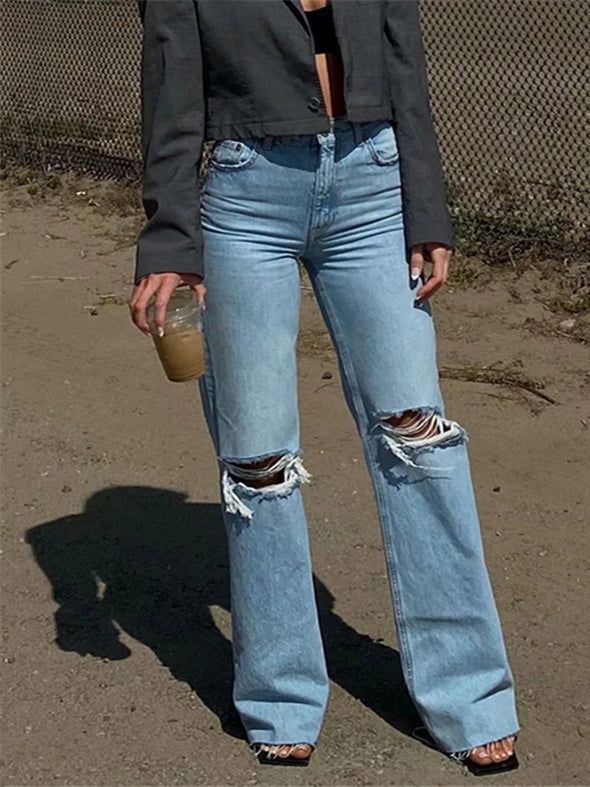 High Waist Ripped Bootcut Denim Slim Straight-Leg Pants