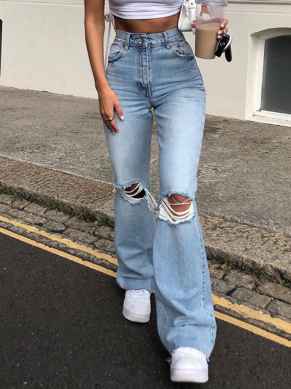 High Waist Ripped Bootcut Denim Slim Straight-Leg Pants