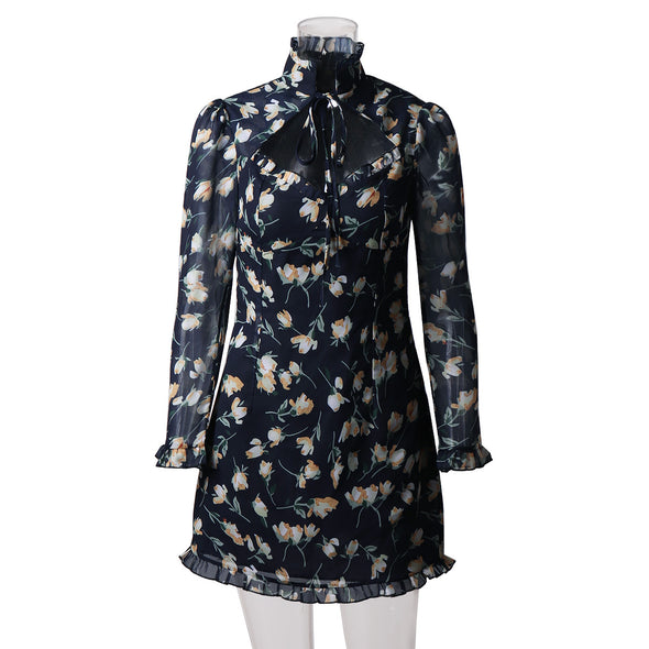 Autumn And Winter Women Floral Wood Ear High-Neck Tie Low-Cut Lace-Up Long-Sleeved Dress