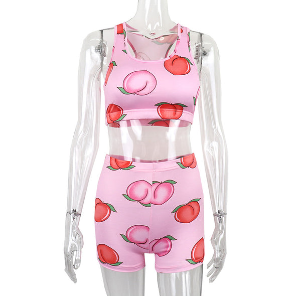 Printed Navel Sleeveless Vest Casual Shorts Set