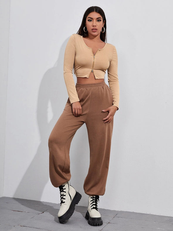 Top Women Retro Tight-Fitting Sexy Zipper Sweater Short Cardigan Long-Sleeved T-Shirt