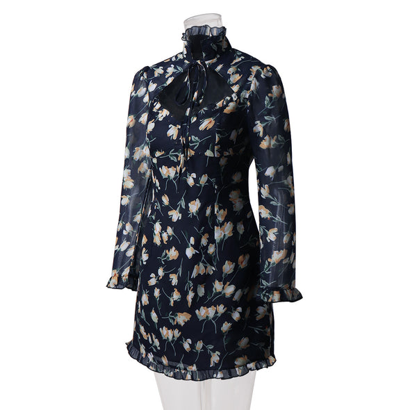 Autumn And Winter Women Floral Wood Ear High-Neck Tie Low-Cut Lace-Up Long-Sleeved Dress