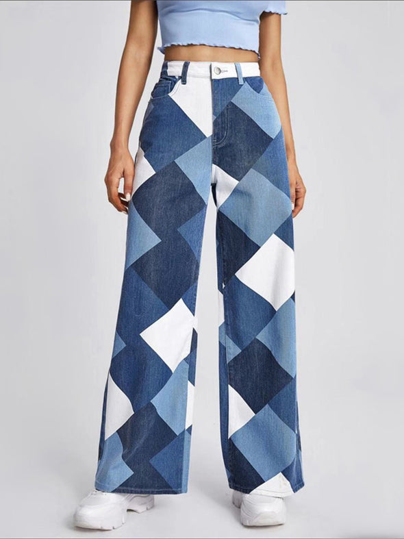 Printed Denim Trousers Women Plaid Pants Loose And Thin Wide-Leg Pants