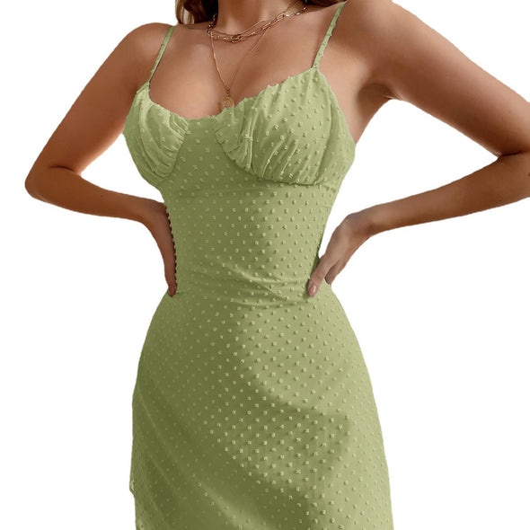 Pure Color Sexy Open Back Woven Suspender Skirt Casual Holiday Dress