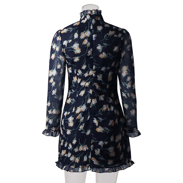 Autumn And Winter Women Floral Wood Ear High-Neck Tie Low-Cut Lace-Up Long-Sleeved Dress