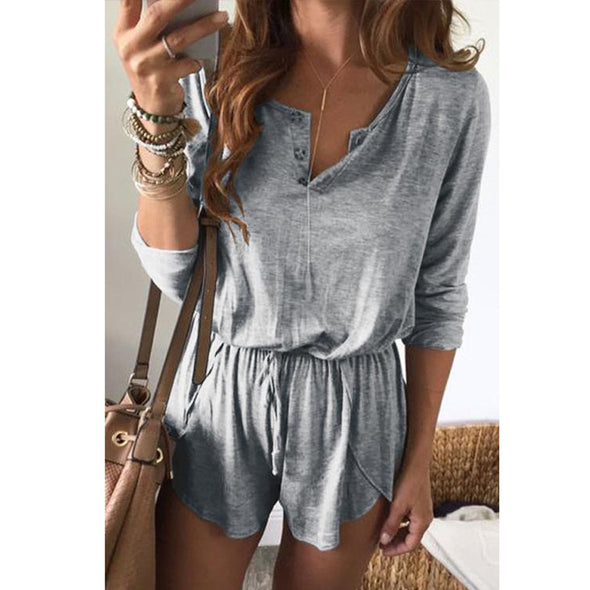 Women Solid Color Lace-Up Long-Sleeved Shorts Jumpsuit