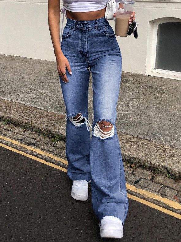 High Waist Ripped Bootcut Denim Slim Straight-Leg Pants