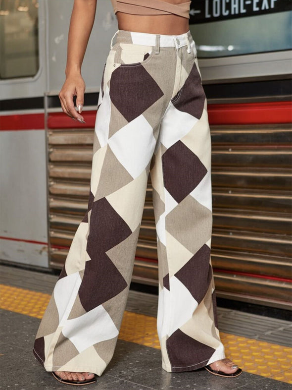 Printed Denim Trousers Women Plaid Pants Loose And Thin Wide-Leg Pants